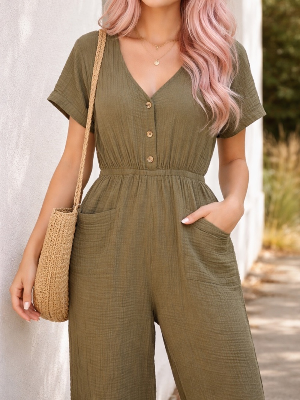 IVY Olive Green V-Neck Button Front Jumpsuit